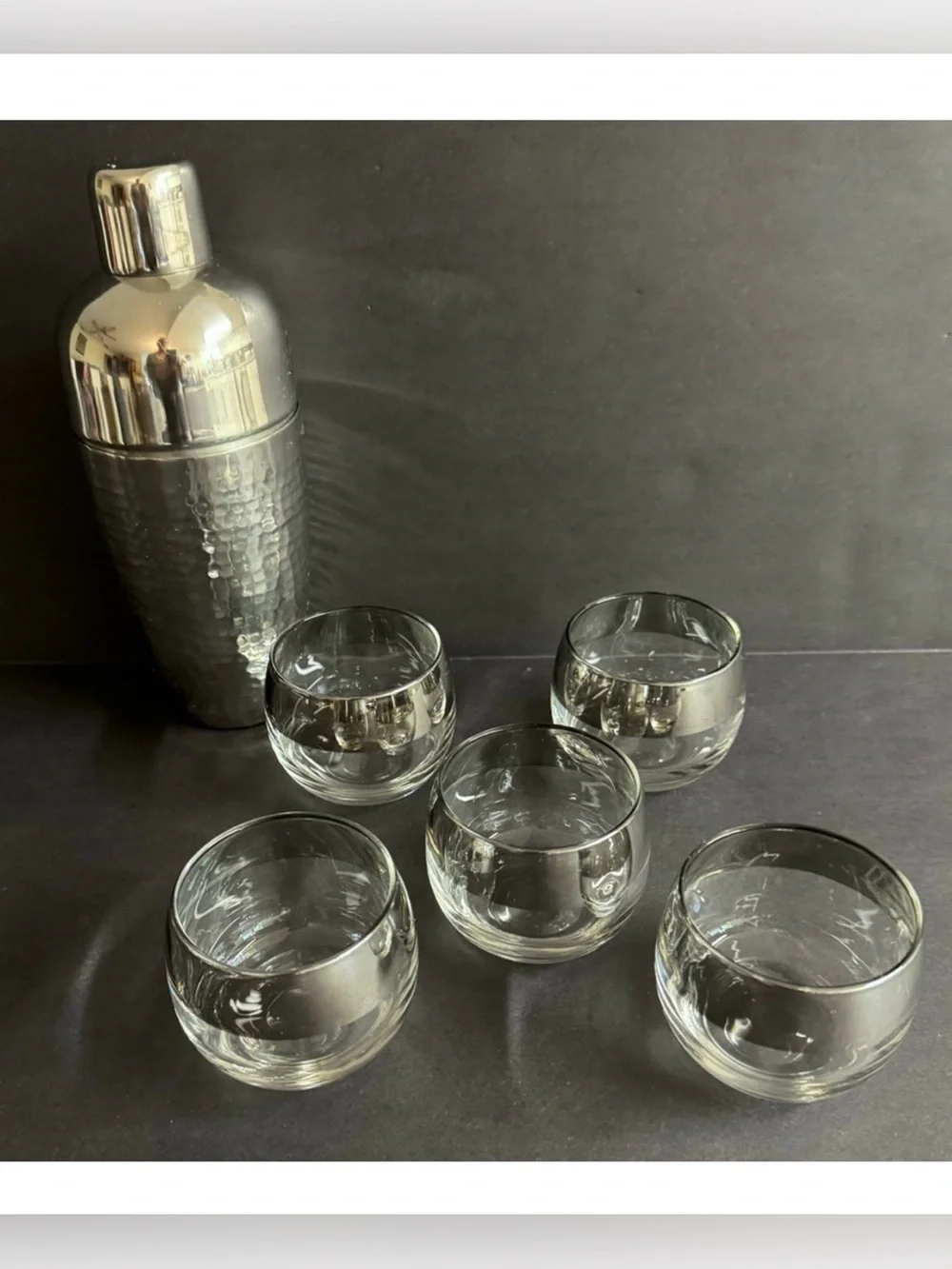 Vtg 1960s Dorothy Thorpe Roly Poly Silver banded Madmen glasses and shaker